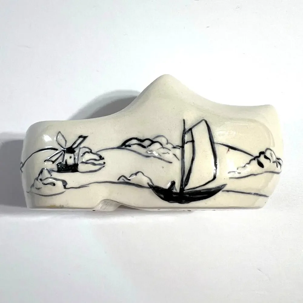 Vintage 1974 Delft Porcelain Clog Dutch Shoe Handmade Windmill Decor Cream Black